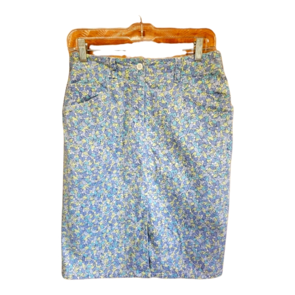 Talbots Petites Blue Green Leaf Floral Cotton Stretch Pencil‎ Skirt Size 6P
